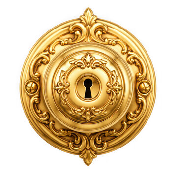 Ornate antique golden keyhole rosette with decorative filigree pattern as isolated on transparent background