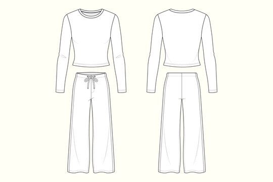 Women's Long Sleeve Crop Top and Wide Leg Lounge Pants Co-Ord Set Flat Sketch CAD