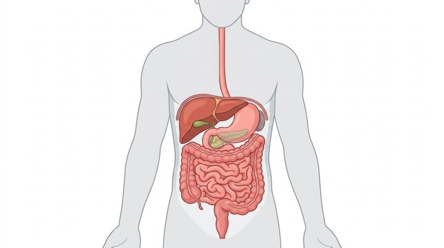 Illustration of the human digestive system organs inside a body outline