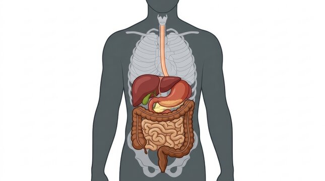 Illustration of human digestive system organs within a skeletal outline