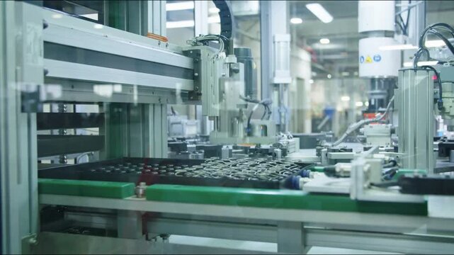 Automated Robotic Arms Conveyor Line. Smart Manufacturing in Modern Facility. High Tech Technology Production Plant in Futuristic Industrial Environment. automatic machine Factory. Belt. Business