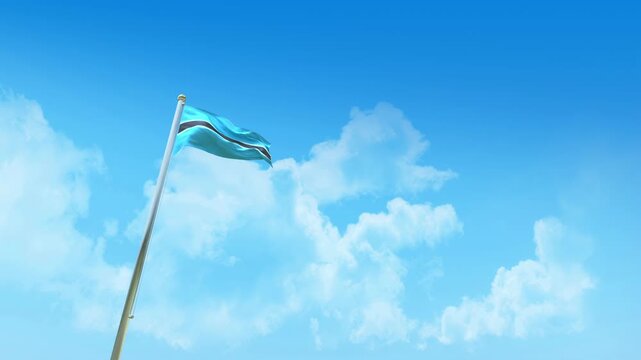Botswana Flag 3D Render Animation on Pole with Blue Sky and Clouds - Low Angle View
