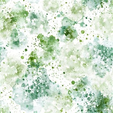 Seamless green watercolor splatter pattern with eggshell confetti spot