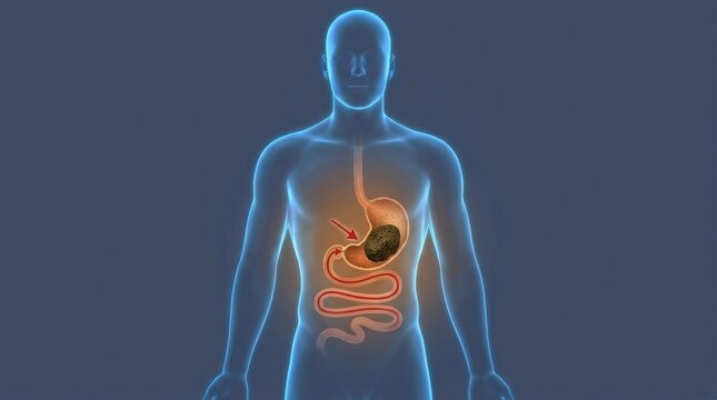 Medical illustration showing a bezoar stone inside a human stomach with digestive tract