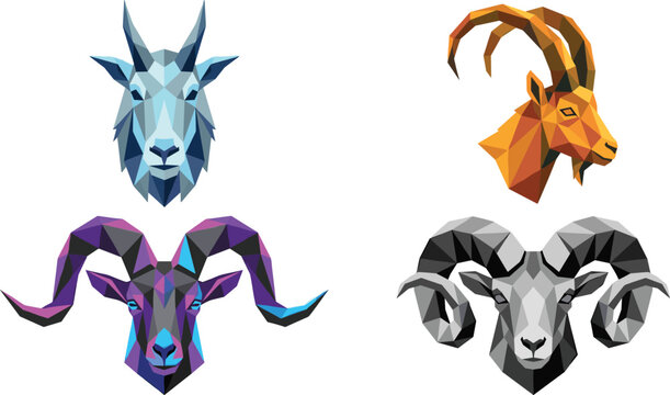 Low Poly Goat and Ram Head Logo Collection with Geometric Animal Emblems, Polygonal Wildlife Mascots, and Modern Branding Designs