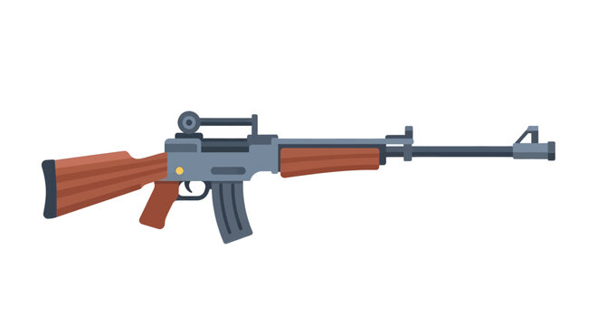 Stylized illustration of a classic assault rifle with wooden stock and carrying handle on a white background.