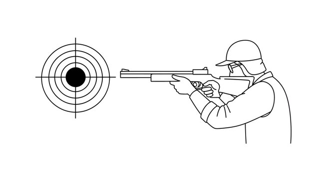 Line drawing of a person aiming a rifle at a bullseye target, demonstrating marksmanship skill.