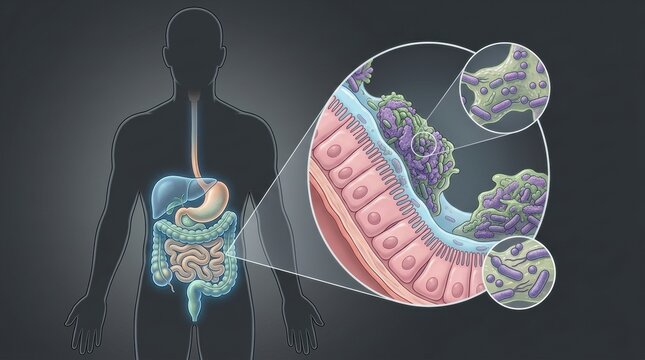 Microscopic view of gut bacteria colonizing intestinal lining in human digestive system