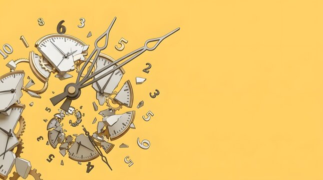 Exploded clock face with numbers scattered on yellow background symbolizing time running out.