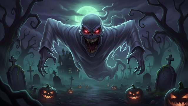 Malignant Halloween phantom apparition with gaping maw lunging forward against a terrifying eerie dark background, sinister translucent spirit entity manifesting in a nightmare scenario.