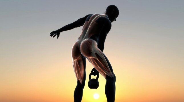 Anatomical illustration of a person performing a kettlebell swing exercise at sunset