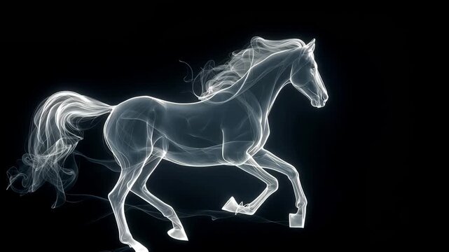 Monochrome Flowing Waves Forming the Shape of a Running Horse on Black Background, Elegant Abstract Motion Design Featuring Dynamic Energy, Fluid Lines and Cinematic Visual Effects
