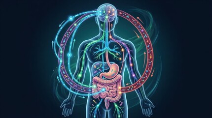 Fototapeta premium Human body's internal systems and brain connection visualized