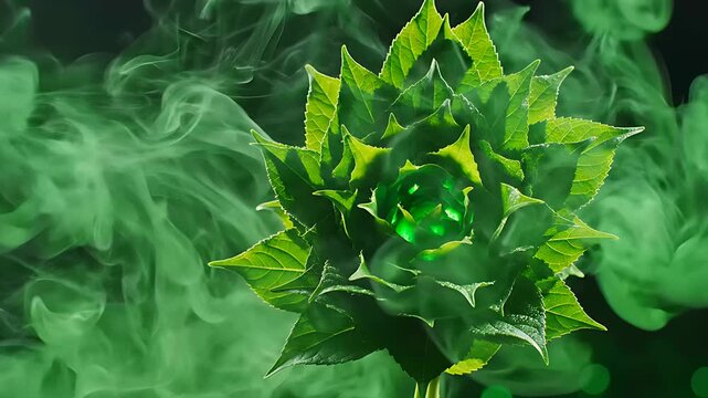 Abstract leaf flower blooming with green smoke on dark background. Digital plant illustration with glowing core and ethereal vapor. Eco-tech concept for sustainability branding and fantasy designs.