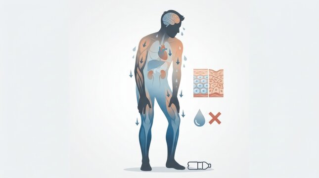 Illustration of human body showing dehydration and its effects on skin and organs
