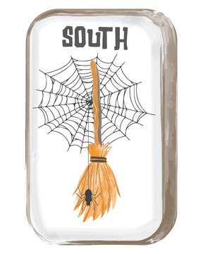 South Wind Watercolor Halloween Mahjong Tile PNG, Spooky Witch Broomstick Clipart for Sublimation and Digital Crafts