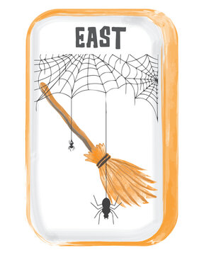 East Wind Watercolor Halloween Mahjong Tile PNG, Spooky Witch Broomstick Clipart for Sublimation and Digital Crafts