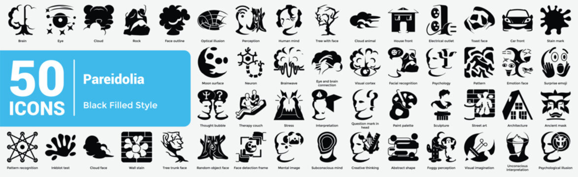 Pareidolia and Optical Illusion Black Filled Icons Set with Abstract Psychological Perception Patterns Face Recognition and Mind Illusion Elements