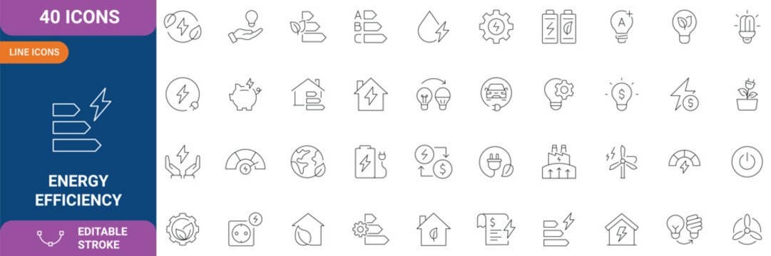 Energy efficiency icon set. Containing energy saving, sustainability, electricity, consumption, house, reduction, lightning, etc. line Icon. Vector illustration. Editable stroke
