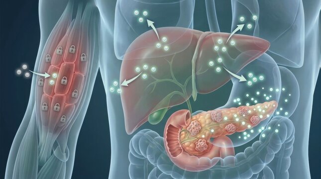 Human body organs showing insulin production and glucose regulation process