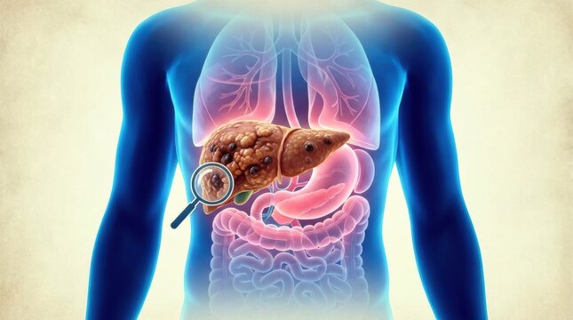 Magnifying glass examining a diseased liver with tumors inside the human body