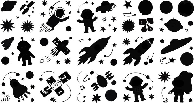 Simple Space Doodles Set with Astronauts Rockets Planets and Stars Hand Drawn Cartoon Vector Illustration