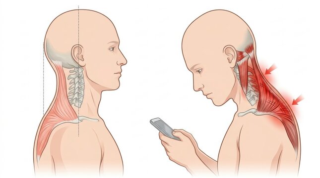 Text neck posture illustration showing muscle strain and pain from smartphone use