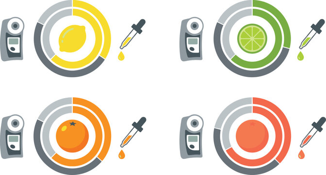 Citrus Fruit Quality Testing Infographic Set with Lemon Lime Orange Pie Charts Dropper Pipette and Digital Refractometer Meters Vector Illustration