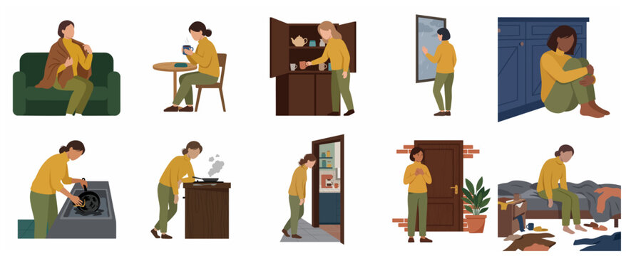 Flat Vector Illustration Collection Depicting a Woman Experiencing Depression, Burnout, and Mental Health Struggles in Her Daily Home Life