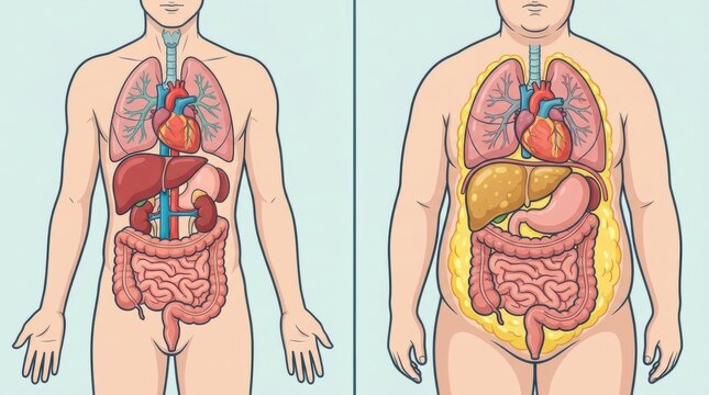 Comparison of human internal organs in a slim versus an overweight body