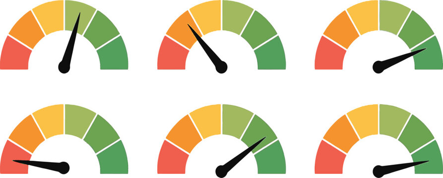 Set of colorful speedometer gauge indicators with arrow needles