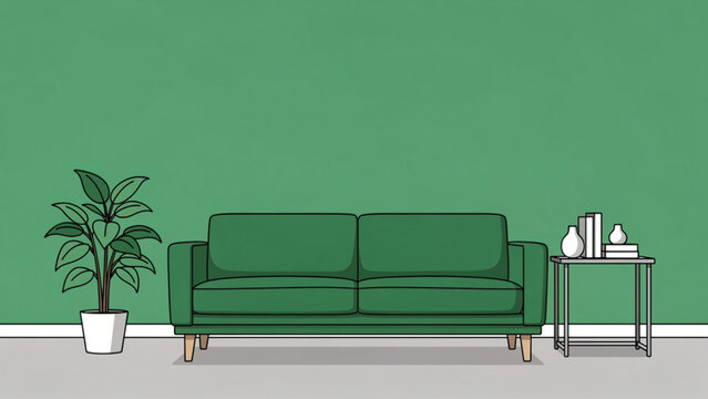 Stylish green sofa with potted plant and side table in modern living room on a green wall