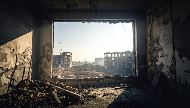 View Through a Massive Hole in a Heavily Damaged Building Overlooking Urban Ruins and a Distant Crane