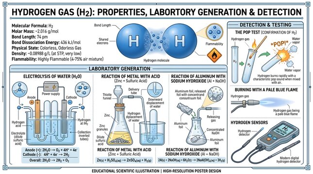 Hydrogen gas (H₂) properties, laboratory generation and detection infographic showing molecular data, electrolysis of water, metal&ndash;acid reactions, collection over water, burning splint test, pop test 