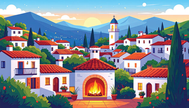 Colorful Village Town with Buildings.