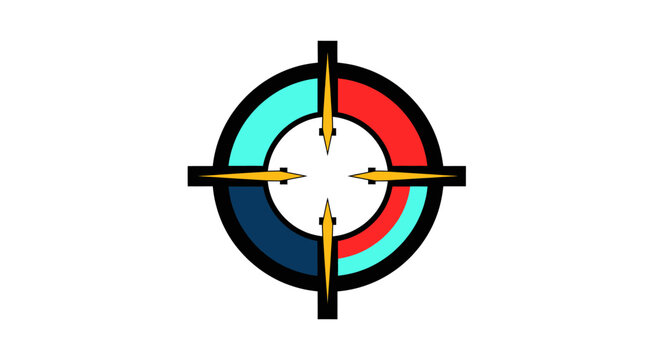 A stylized target or crosshair symbol with four colored quadrants and golden arrows at the center, set against a white background.