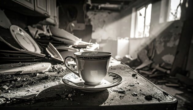 Undamaged teacup with steam on a debris-strewn table inside a ruined room, stark contrast of fragile and decay