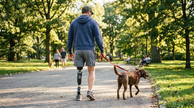 Man with prosthetic leg walks dog in sunny park on paved path