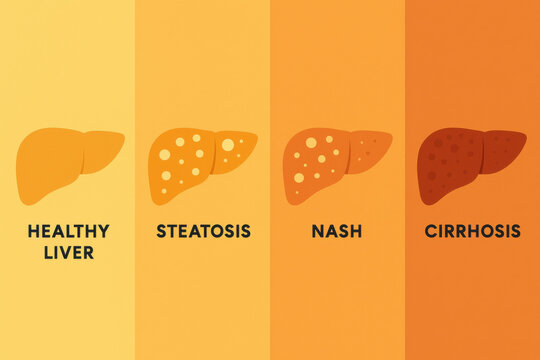 Minimalist flat design visually detailing serious medical progression spectrum from healthy liver through steatosis and nash reaching severe cirrhosis stages