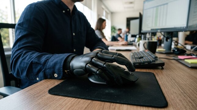 Man with prosthetic arm using computer mouse at office desk