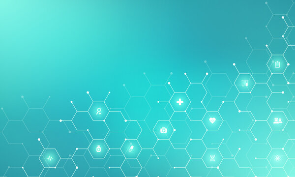 Medical background and healthcare technology with flat icons and symbols. Concept and idea for health care business, innovation medicine, health safety, science, medical research, and development.