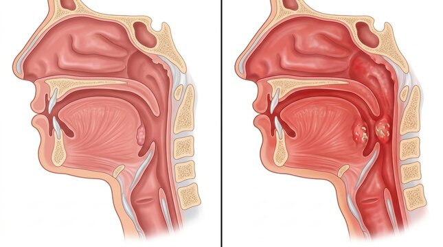 Comparison of healthy and inflamed tonsils in sagittal view of human throat