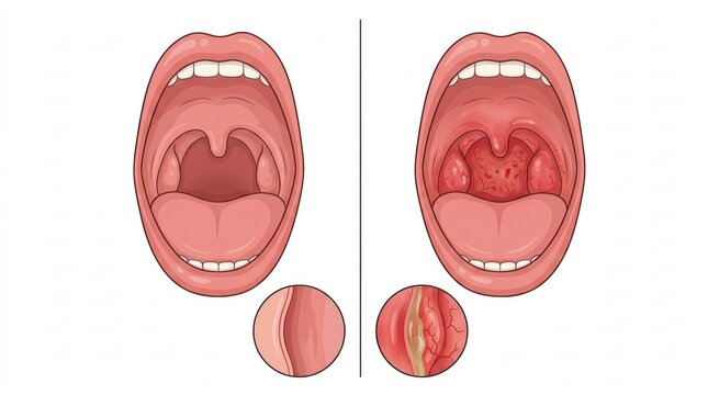 Comparison of healthy and inflamed tonsils showing symptoms of tonsillitis