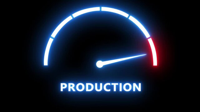 Neon production speedometer gauge animation showing efficiency and performance glowing