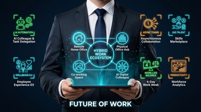 Businessman presenting a futuristic hybrid work ecosystem concept on a tablet