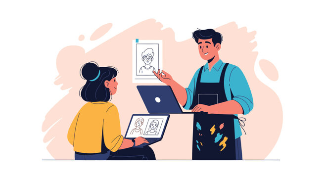 Artist Discusses Portrait Design with Client Using Laptops and Sketches