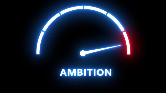 Neon ambition gauge meter animation, glowing business performance indicator concept speedometer