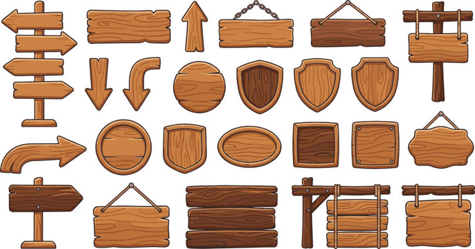 Set of cartoon wooden signs, empty planks and direction pointers isolated on white background