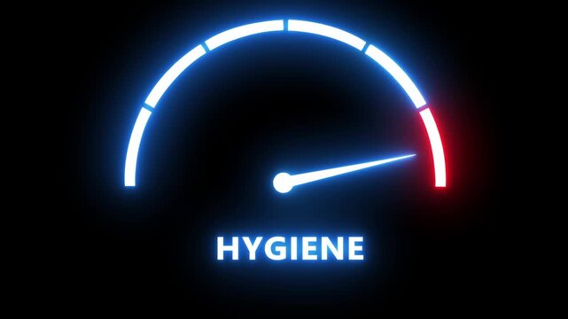 Neon hygiene gauge meter animation: measuring cleanliness and health standards concept indicator