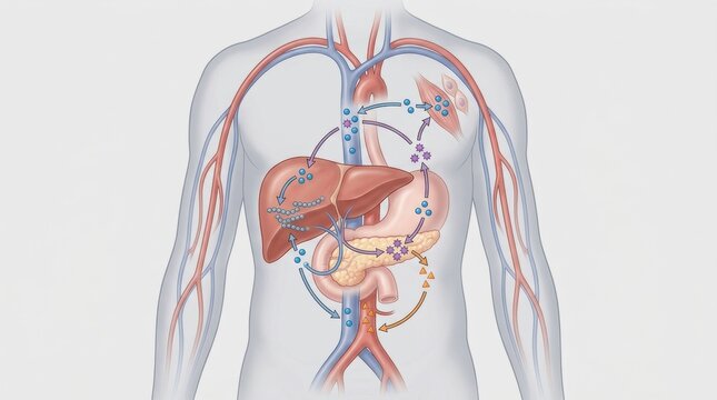 Human body illustration showing glucose metabolism and hormonal regulation
